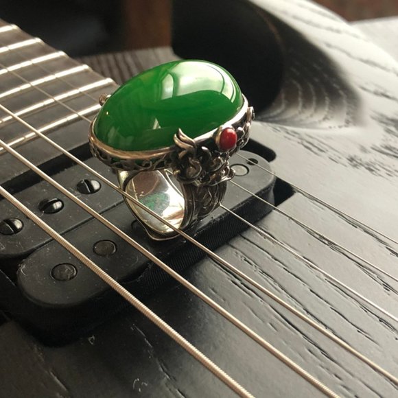 925 Sterling silver inlay Middle Eastern Amber Ring ｜Color :Green ｜ Open… - Picture 5 of 11